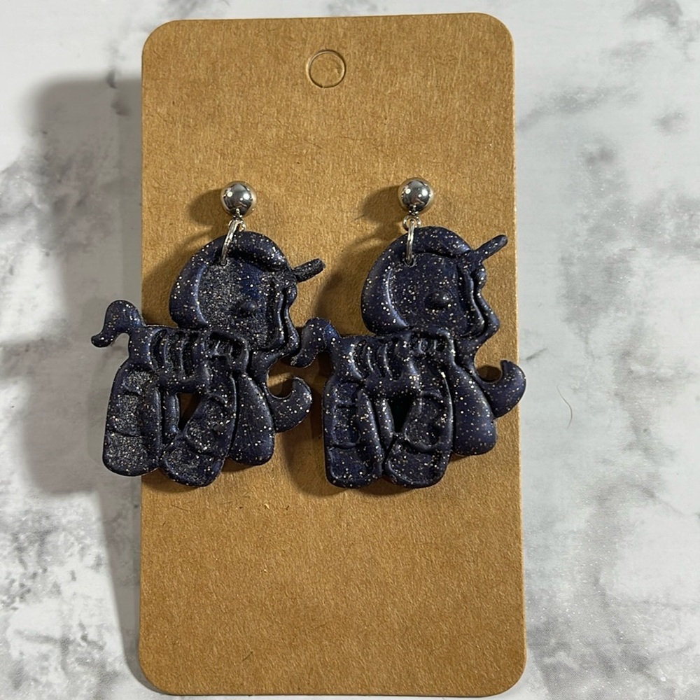 Handcrafted Dark Blue with Gold Glitter Unicorn Skeleton Dangle Earrings